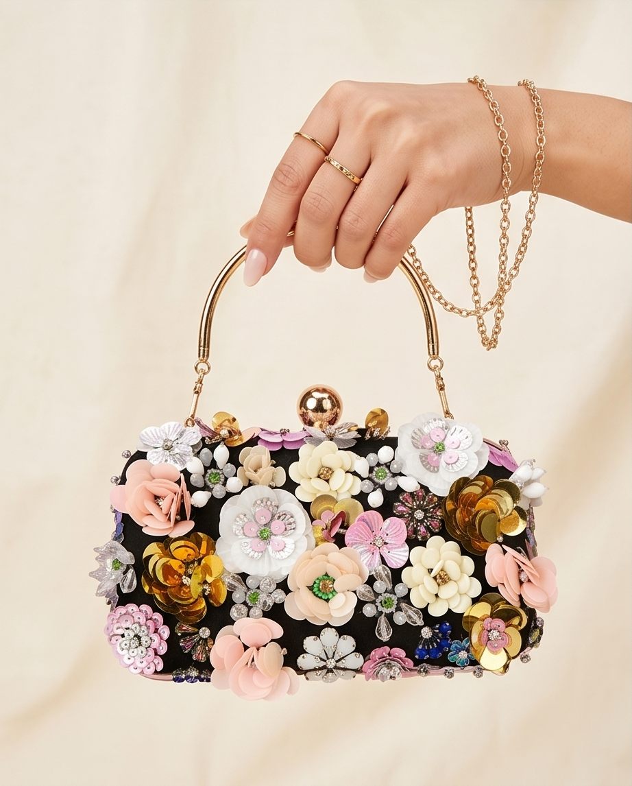 Daisy Clutch with Removable Gold tone Handle and Shoulder Chain (Black backing)