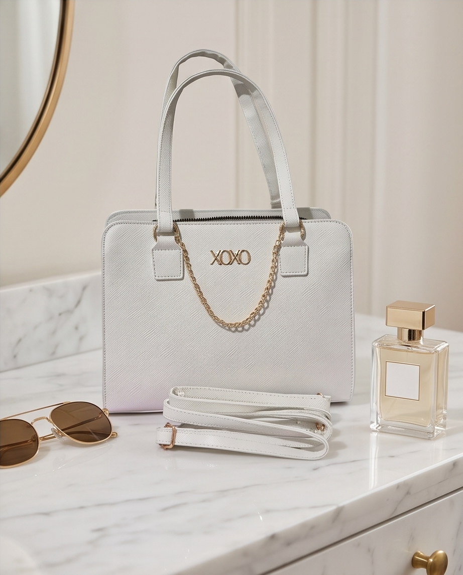White XOXO Satchel with gold accents