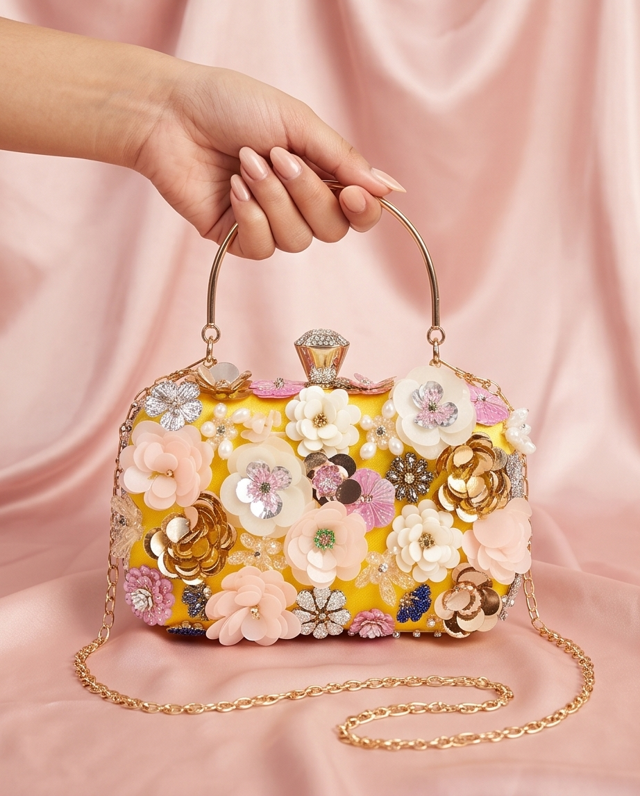 Daisy Clutch with Removable Gold tone Handle and Shoulder Chain ( Yellow Backing)