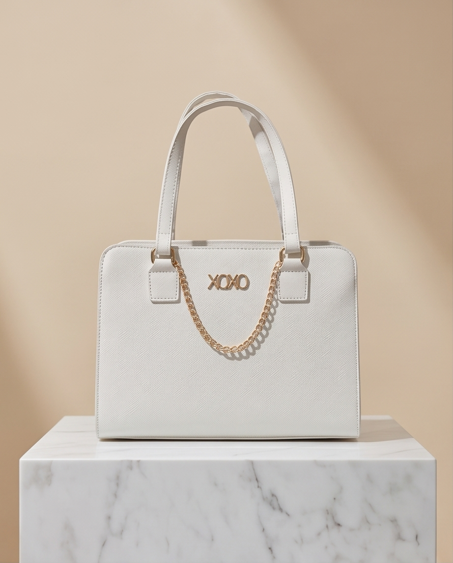 White XOXO Satchel with gold accents