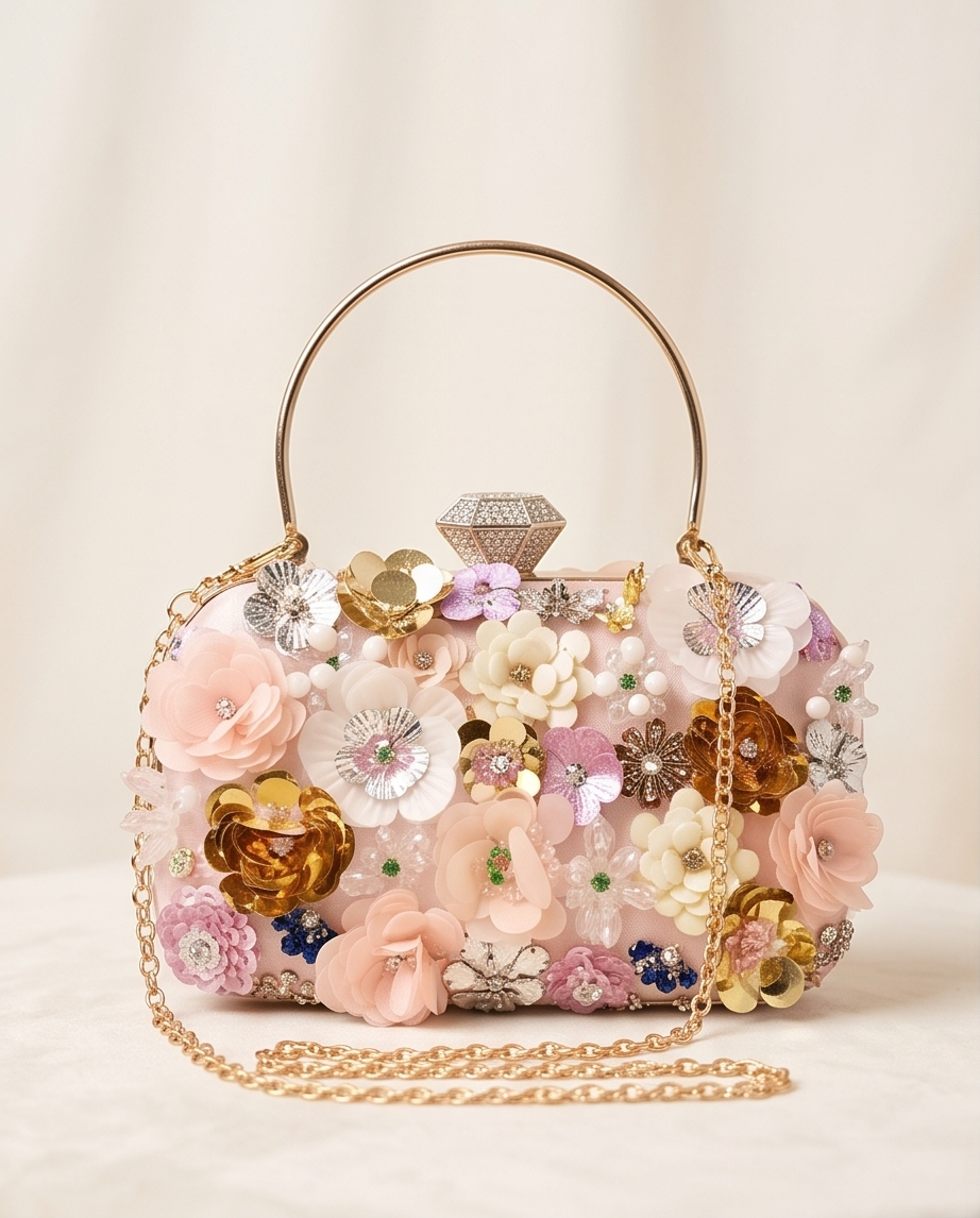 Daisy Clutch with Removable Gold tone Handle and Shoulder Chain (Pink)