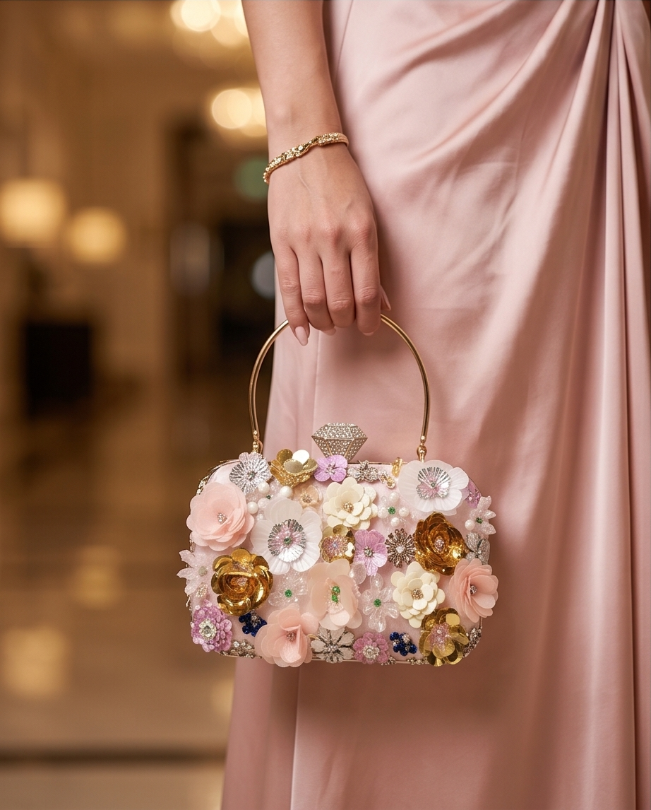 Daisy Clutch with Removable Gold tone Handle and Shoulder Chain (Pink)