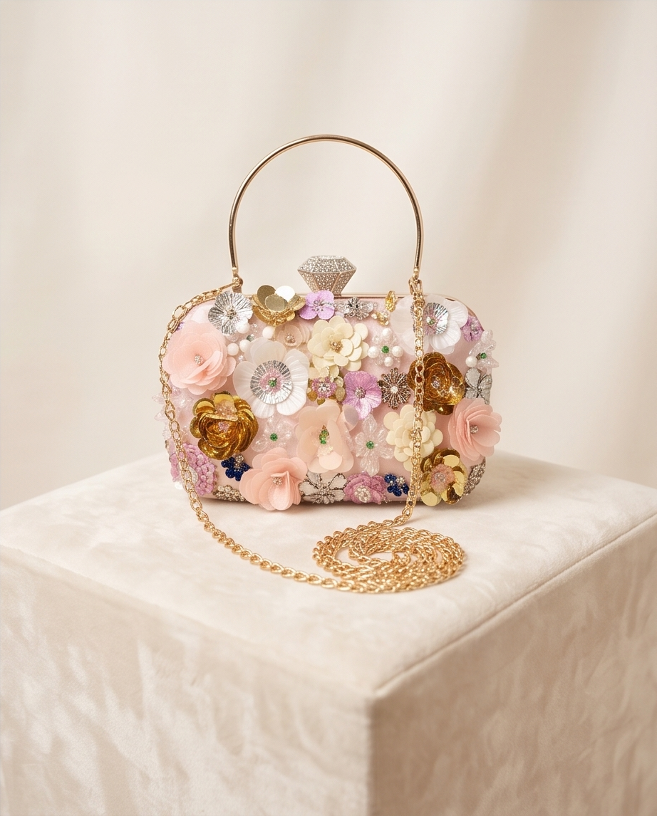 Daisy Clutch with Removable Gold tone Handle and Shoulder Chain (Pink)