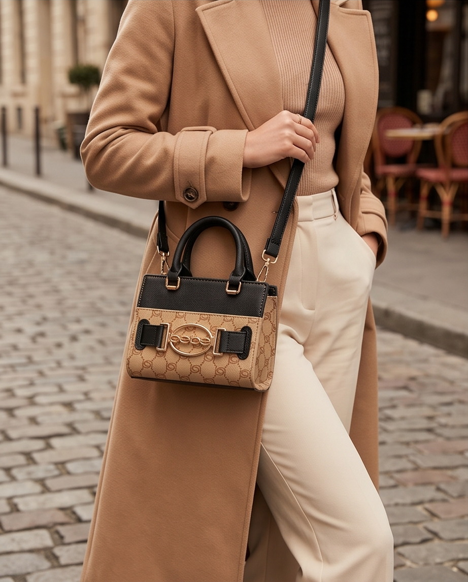 Leilani Monogram, solid handle/ mini Crossbody in Almond and Black