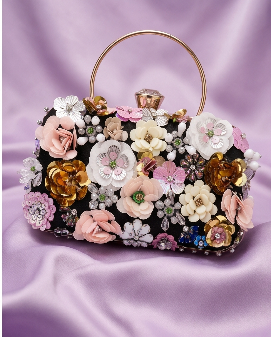 Daisy Clutch with Removable Gold tone Handle and Shoulder Chain (Black backing)