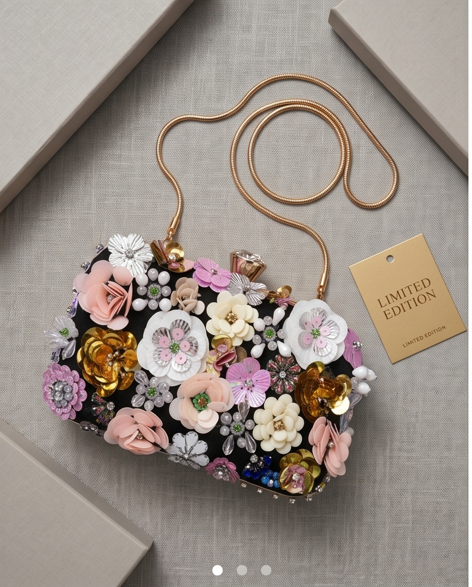 Daisy Clutch with Removable Gold tone Handle and Shoulder Chain (Black backing)