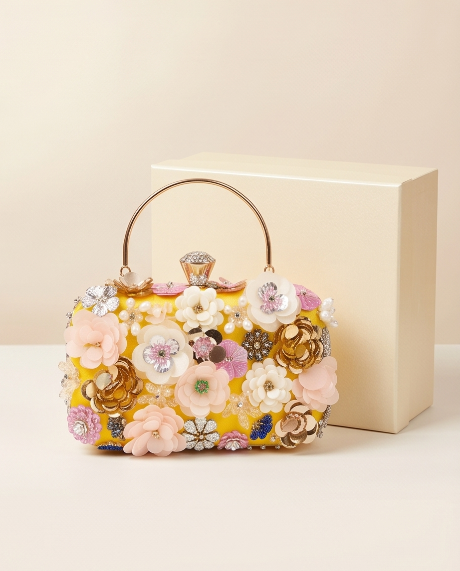 Daisy Clutch with Removable Gold tone Handle and Shoulder Chain ( Yellow Backing)