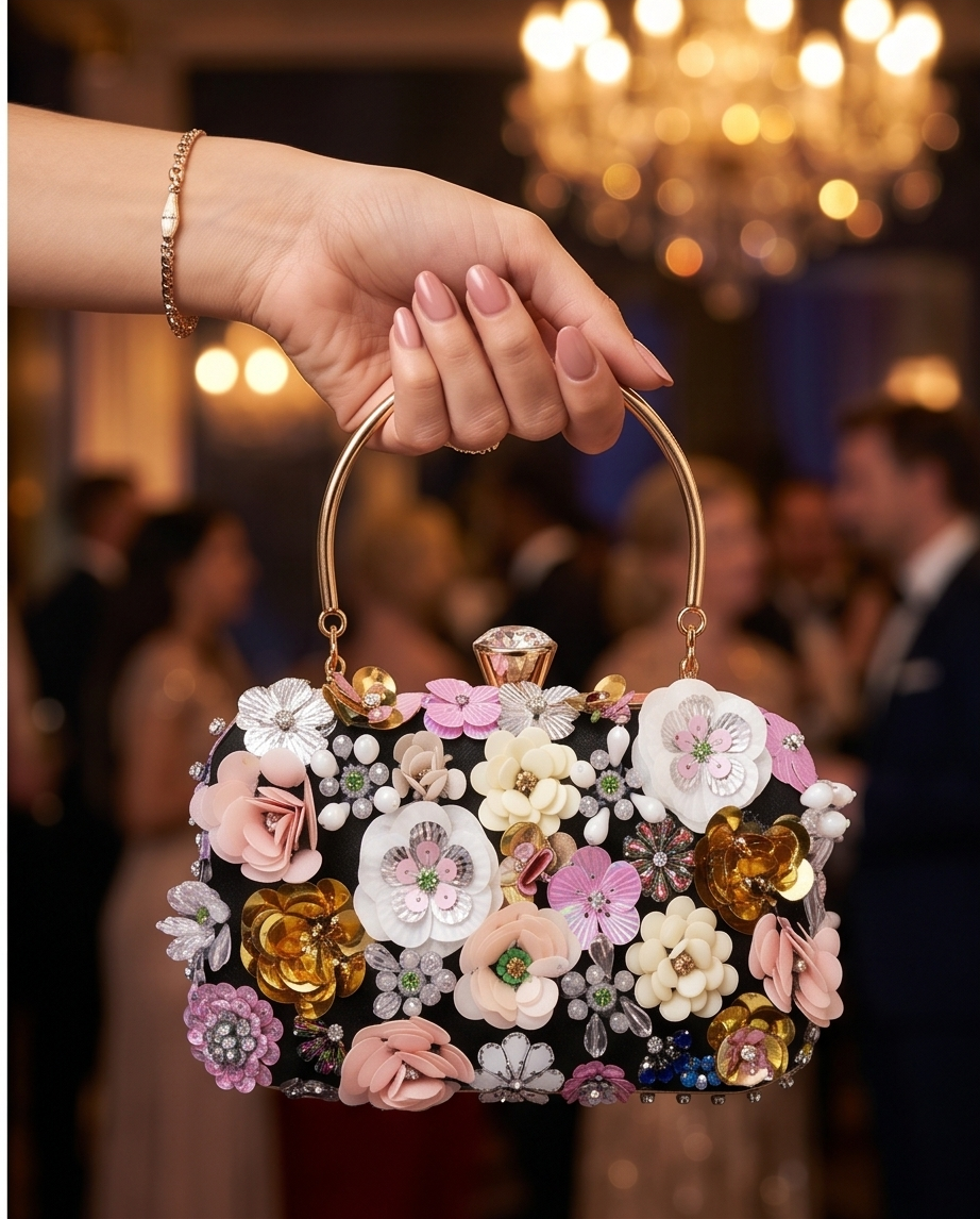 Daisy Clutch with Removable Gold tone Handle and Shoulder Chain (Black backing)